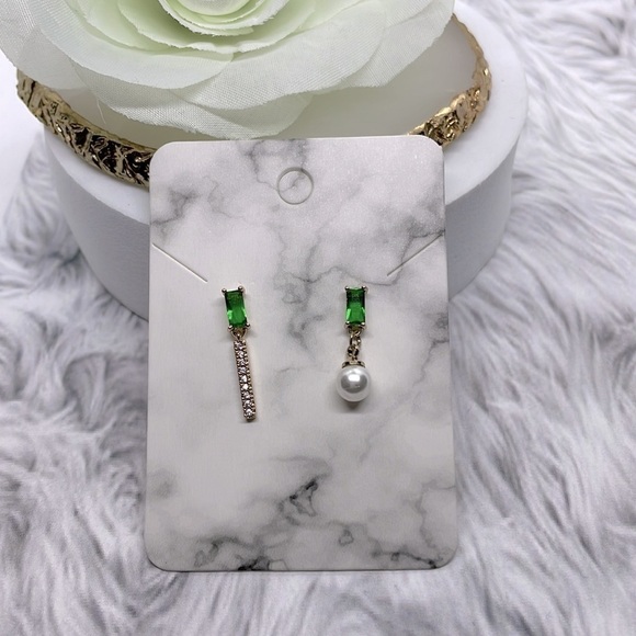 Green Jewel And Rhinestone Asymmetrical Drop Earrings - Picture 7 of 12